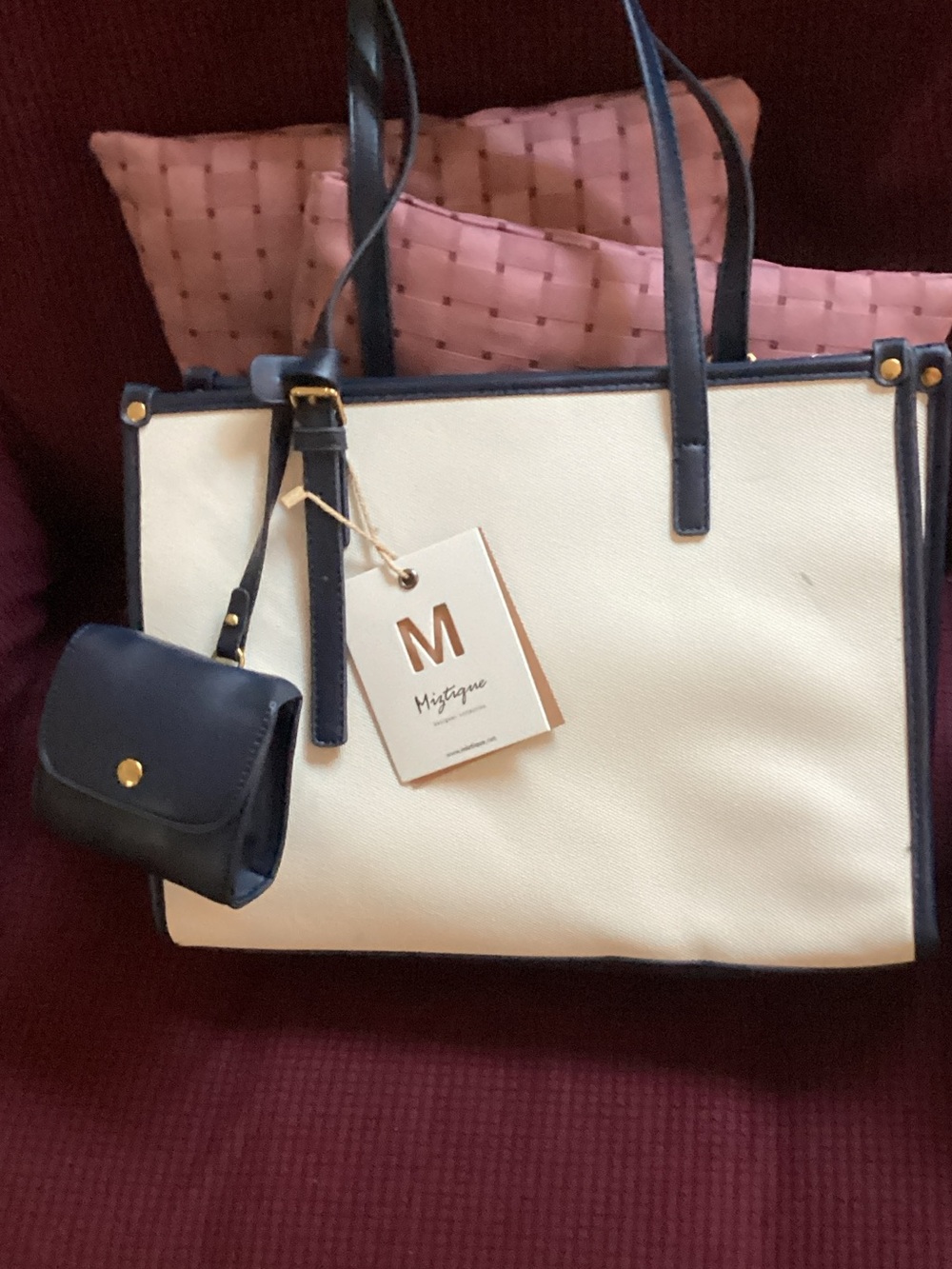 Cream & Navy Tote Bag with Coin Pouch